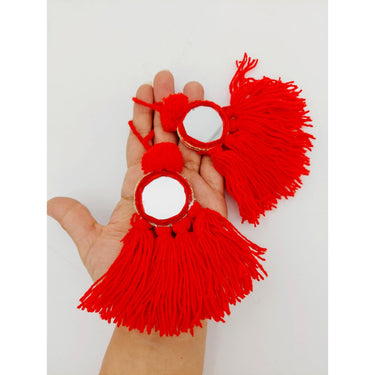 Mirrored Red Wool Tassels, Red Pompom Mirror Tassel, Handmade Latkan Boho